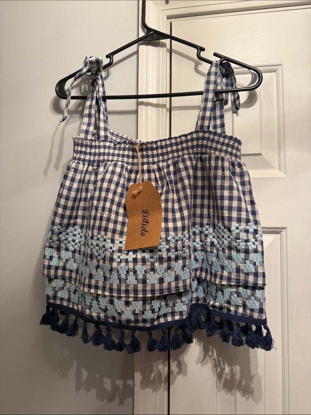 Stitch'd Blue Gingham Tassel Tie-Shoulder Crop Top
